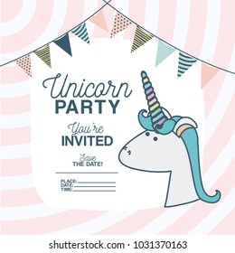 unicorn party invitation card with floral decoration and garlands