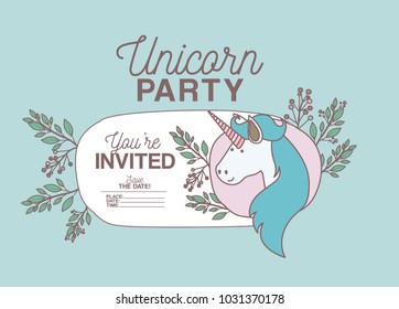 unicorn party invitation card with floral decoration