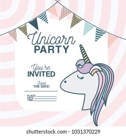 unicorn party invitation card with floral decoration and garlands