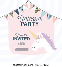 unicorn party invitation card with floral decoration and garlands