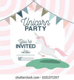 unicorn party invitation card with floral decoration and garlands