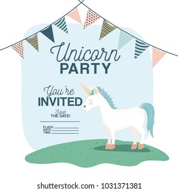unicorn party invitation card with floral decoration and garlands