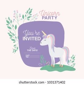 unicorn party invitation card with floral decoration