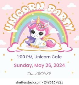 Unicorn party invitation template with golden horn and wings, sitting on a cloud with a rainbow. Vector illustration in flat cartoon style