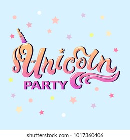 Unicorn Party lettering as logotype, badge, patch and icon isolated on white background. Template for party, happy birthday card, invitation, flyers, baby birth. Vector illustration