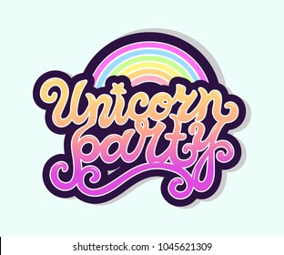 Unicorn Party text as logotype, badge, patch, icon isolated on background. Hand drawn lettering Unicorn Party for postcard, card, invitation, flyer, banner template, birthday. Vector illustration