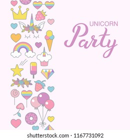 Unicorn Party typographic vector design for greeting, birthday, invitation card, isolated, handwritten lettering composition. Unicorn face with flowers, balloons, rainbow on light pink background.