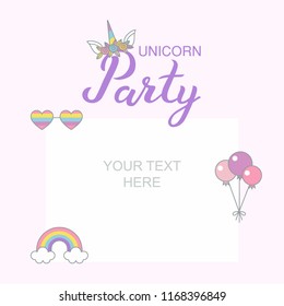 Unicorn Party typographic vector design for greeting, birthday, invitation card, isolated, handwritten lettering composition. Unicorn face with flowers, balloons, rainbow on light pink background.