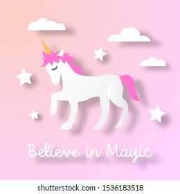 unicorn with pastel background paper cut style vector design