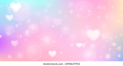 Unicorn pastel backrground with hearts, circles, bokeh, stars. Vector dreamy sweet wallpaper