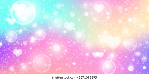 Unicorn pastel backround with hearts, circles, bokeh, stars. Vector dreamy sweet wallpaper