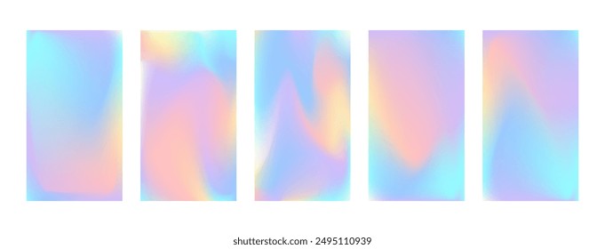 Unicorn pastel gradient set. Vector holographic iridescent phone screen backdrops. Vertical unicorn fantasy fluid backdrop. Blurred neon hologram spectrum gradients. Holo rainbow pastel color liquid b