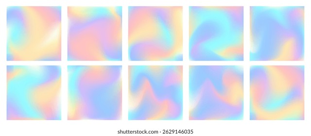 Gradientes de pastel de unicórnio. Conjunto de fundos quadrados holográficos vetoriais. Papel de parede iridescente. hologramas de conto de fadas de cor arco-íris. Gradientes de fantasia de unicórnio Pearlescente. Cenários de espectro holo desfocados