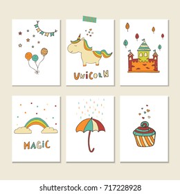Unicorn patch badges with cake, cloud, castle, rainbow and other symbols. Isolated illustrations - great for  embroidery, badges. Vector stickers for children room, nursery decor, interior design.