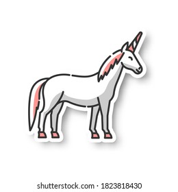 Unicorn patch. Mythical creature, fairy tale animal mascot. Childish fantasy animal, kids fable RGB color printable sticker. Magical horse with horn vector isolated illustration