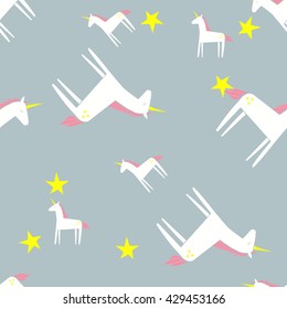 Unicorn pattern. Cartoon doodle pony with horn and cute magic pink mane in clouds on background. Beautiful horse wallpaper for child, textile, shirt print, clothes, greeting card. Vector illustration.