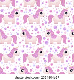 Unicorn pattern. Cartoon unicorn print. Fantasy animal background. Cute pink little magical unicorn. Children cartoon fantasy horse. Little pony, magical stars, pink clouds. Fairytale. Wonderland.