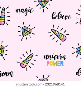 Unicorn pattern design with unicorn horns and diamonds - funny hand drawn doodle, seamless pattern. Lettering poster or t-shirt textile graphic design. Wallpaper, wrapping paper, background.