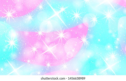 Unicorn pattern. Fairy background. Mermaid rainbow. Holographic magic stars. Fantasy universe. Rainbow unicorn background.