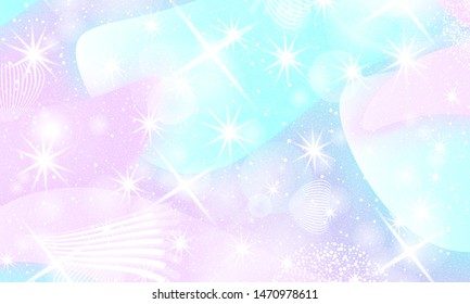 Unicorn pattern. Fairy background. Mermaid rainbow. Holographic magic stars. Cover set. Fantasy universe. Rainbow unicorn background.