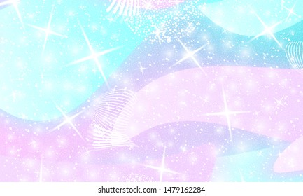 Unicorn pattern. Fairy background. Mermaid rainbow. Holographic magic stars. Cover set. Fantasy universe. Rainbow unicorn background.