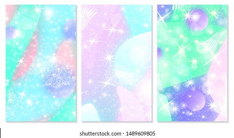 Unicorn pattern. Fairy background. Mermaid rainbow. Holographic magic stars. Cover set. Fantasy universe. Rainbow unicorn background.