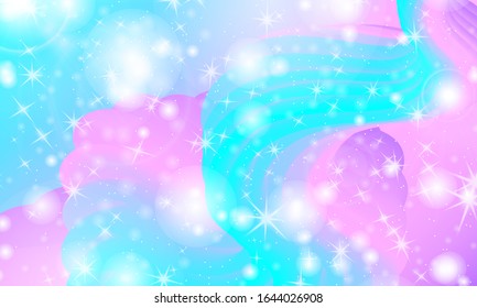 Unicorn pattern. Fairy background. Mermaid rainbow. Holographic magic stars. Rainbow fantasy universe background.