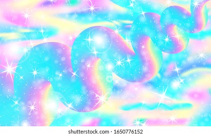 Unicorn pattern. Fairy background. Mermaid rainbow. Holographic magic stars. Rainbow fantasy universe background.