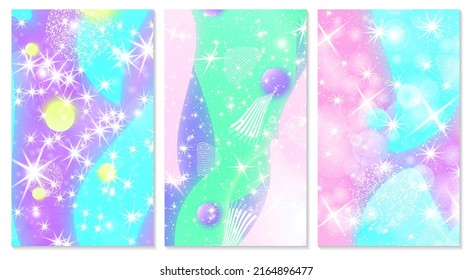 Unicorn pattern. Fairy background. Mermaid rainbow. Holographic magic stars. Cover set. Fantasy universe. Rainbow unicorn background.
