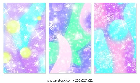Unicorn pattern. Fairy background. Mermaid rainbow. Holographic magic stars. Cover set. Fantasy universe. Rainbow unicorn background.
