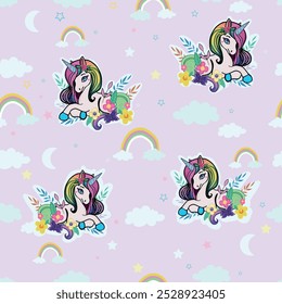 Unicorn pattern with flowers lilac background