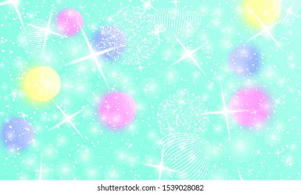 Unicorn pattern. Mermaid rainbow. Fantasy universe. Fairy background. Holographic magic stars. Minimal design. Trendy gradient colors. Fluid shapes. Vector illustration.