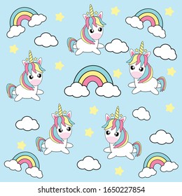 Unicorn  pattern with pastel blue background. Kids cute happy cartoon with happy unicorn, rainbow, stars, clouds for baby clothes, nursery art, sticker, print. Kawai Vector illustration.