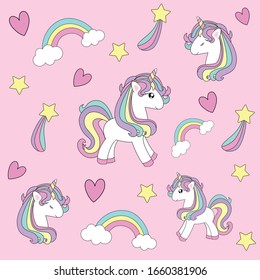 Unicorn pattern with pastel pink background. Kids cute happy cartoon with unicorn, unicorn head, rainbow, stars, hearts for baby clothes, nursery art, sticker, print. Kawai Vector illustration.