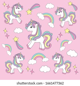 Unicorn pattern with pastel pink background. Kids cute happy cartoon with unicorns, rainbow, stars, clouds for baby clothes, nursery art, sticker, print, pop art. Kawai Vector illustration.
