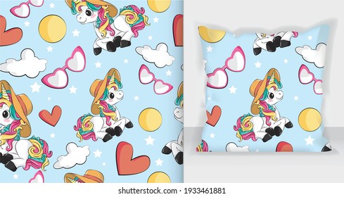 Unicorn pattern pillow mockup. Cute rainbow baby unicorn design with Flat unicorn pattern