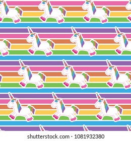 Unicorn pattern in rainbow background. A playful, modern, and flexible pattern for brand who has cute and fun style. Repeated pattern. Happy, bright, and magical mood. 