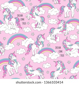 Patrón unicornio y arco iris. Patrón vectorial de moda sin fisuras en un fondo rosa. Dibujo de moda de estilo moderno para ropa. Dibujo para niños, ropa, pantalones, tejidos o empaque.