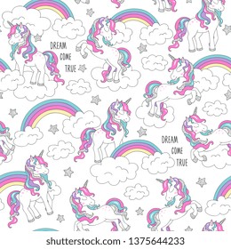 Unicorn pattern and rainbow. Trendy seamless vector pattern on a white background. Fashion illustration drawing in modern style for clothes. Drawing for kids clothes, t shirts, fabrics or packaging.