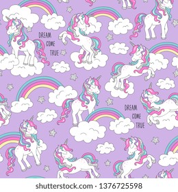 Unicorn pattern and rainbow. Trendy seamless vector pattern on a lilac background. Fashion illustration drawing in modern style for clothes. Drawing for kids clothes, t shirts, fabrics or packaging.
