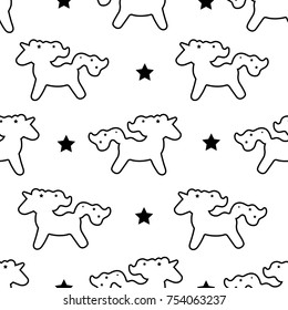 Unicorn pattern seamless vector background isolated on white.Vector pattern with cute unicorn.Magic wallpaper with little unicorn. Baby background. Black hand drawn mane 