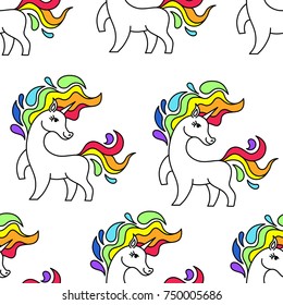 Unicorn pattern seamless vector on white background .Vector pattern with cute unicorn.Magic rainbow little unicorn.Baby wallpaper. White horse and rainbow mane