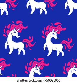 Unicorn pattern seamless vector on blue background .Vector pattern with cute unicorn.Magic cosmic background with little unicorn.Baby wallpaper.White horse and pink colorful mane