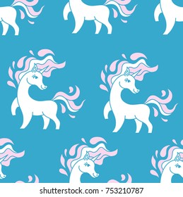 Unicorn pattern seamless vector on blue background .Vector pattern with cute unicorn.Magic cosmic background with little unicorn.Baby wallpaper. White horse and pink mane