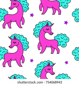 Unicorn pattern seamless vector on white background .Vector pattern with cute unicorn.Magic pink cosmic background with little unicorn.Baby wallpaper.Pink horse and blue colorful mane