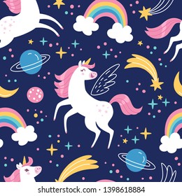 Unicorn pattern. Vector seamless pattern with white unicorns, rainbow and stars. Isolated on dark blue background.