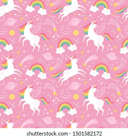 Unicorn pattern. Vector seamless pattern with white unicorns, rainbow and stars. Isolated on a pink background.