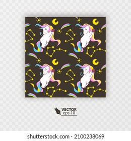Unicorn pattern. Vector seamless pattern with white unicorns, rainbow and stars. Isolated on dark background
