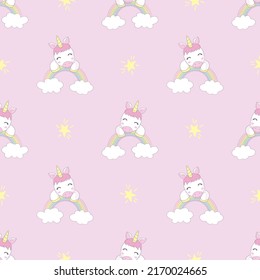 Unicorn pattern. Vector seamless pattern with white unicorns, rainbow and stars. Isolated on a pink background.