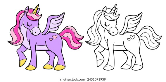 Unicorn pegasus coloring book with coloring example for kids. Coloring page with horse unicorn. Black and white version. Vector children's illustration.